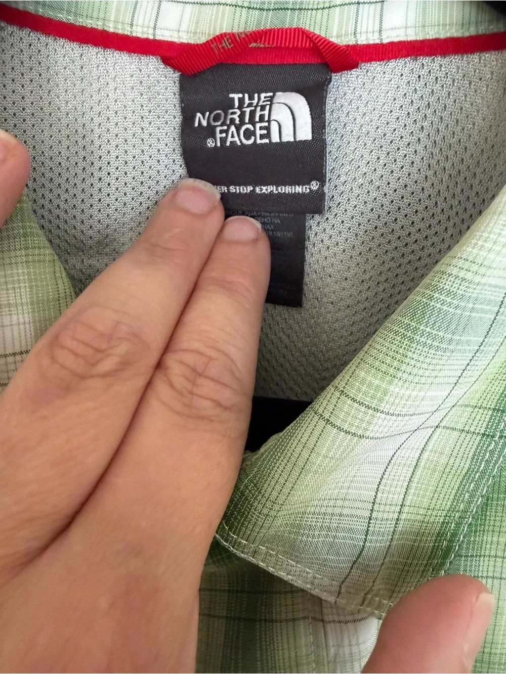 The North Face Green and White Plaid Short-Sleeve Button-Down Shirt